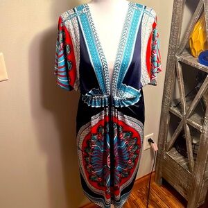Blue Red Patterned Swim coverup Dress- Large